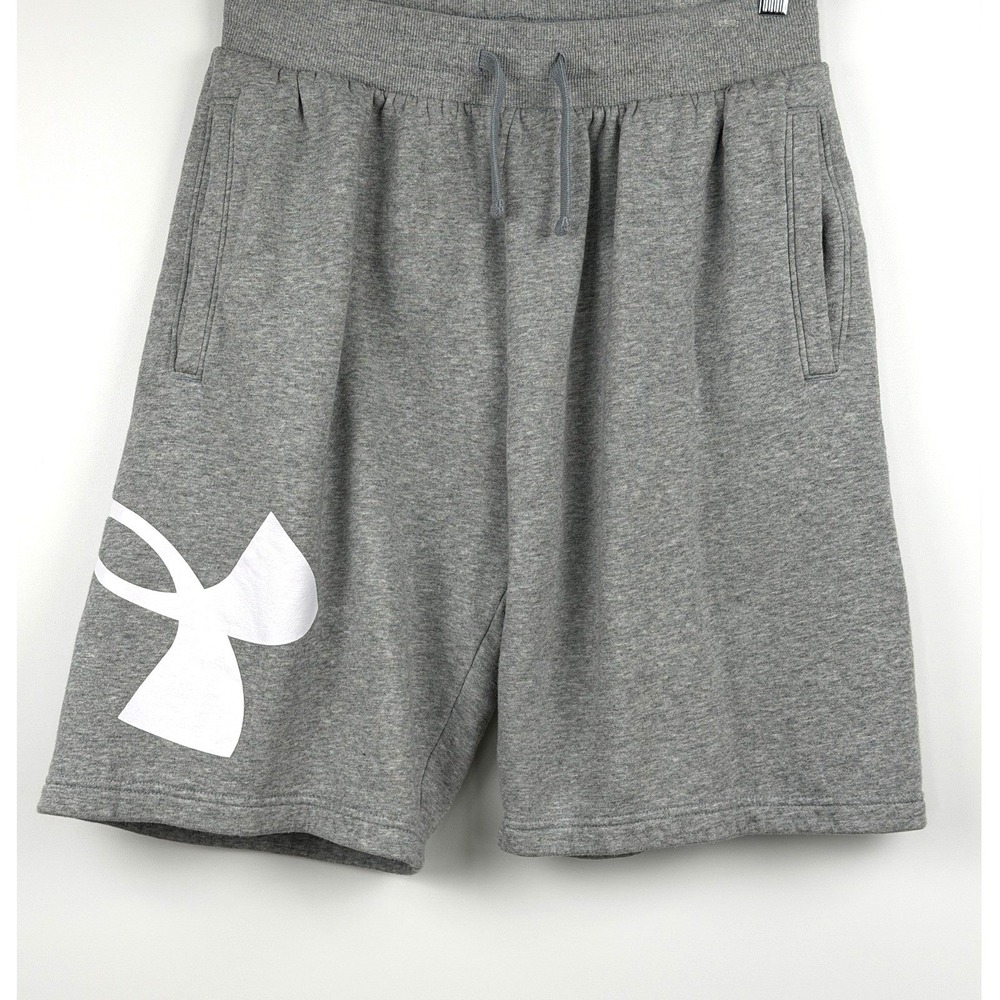 Under Armour Fleece Shorts Mens Gray Excellent Big Logo Drawstring Pockets L - Picture 2 of 11